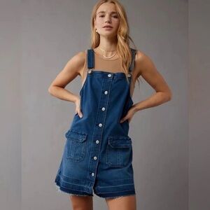 American Eagle Blue Denim Overall Dress Classic Style XS